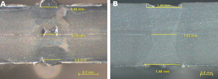 圖 6：橫截面顯示了板材之間沒有間隙并且饋送率為 3.3 米 / 分鐘前提下，使用光纖激光器產 生的 1.25 mm 厚鍍鋅鋼板的焊接接縫。A) 傳統的激光聚焦會產生帶有空隙的接縫，而 B) FLARM 可調節環形光斑模式光纖激光器則顯示均勻并且沒有孔隙的焊接接縫的加工效果。