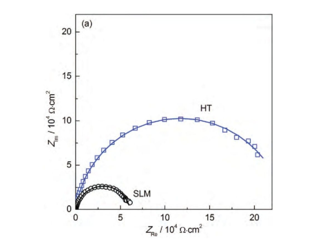 圖5 SLM態及HT態Ti6Al4V合金在0.6V（vs SCE）下極化1 h后的 Nyquist圖，Bode圖以及擬合所用的等效電路圖
