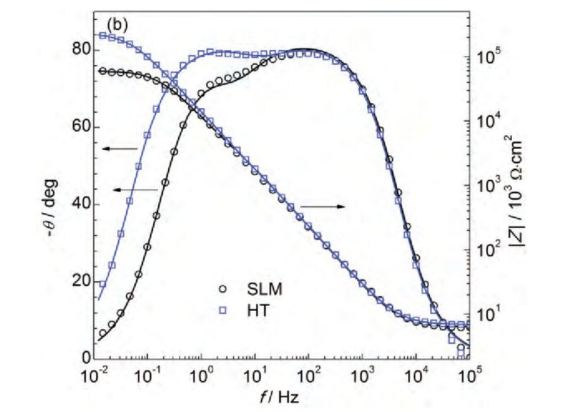 圖5 SLM態及HT態Ti6Al4V合金在0.6V（vs SCE）下極化1 h后的 Nyquist圖，Bode圖以及擬合所用的等效電路圖